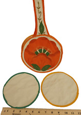 Vtg Embroidered Hand Made 3 Piece Set Potholder/Pad Orange Flower Boho MCM picture