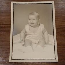 Vintage Sitting Happy Smiling Bald Baby Portrait Black & White Original 5