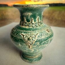 Vintage 1980's Green Glazed Pottery Vessel Vase Urn Thailand Raised Motifs picture