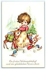 c1960's New Year Little Girl And Rabbit Song Bird Winter Scene Vintage Postcard picture