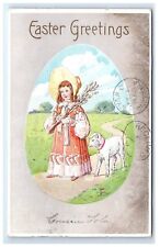 Postcard Easter Greetings girl with a lamb embossed egg posted 1908 D15 picture