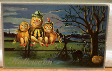 Antique Postcard Halloween Three Ghouls Fence Black Cat Anthropomorphic JOLs Wow picture
