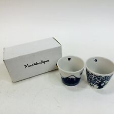 Set of 2 - Japanese Sake Cups - Sakura and Mt. Fuji Design, Indigo Color Pottery picture
