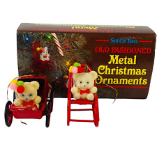 Vintage 2 Old Fashioned Metal Christmas Ornaments Bears in Buggy and Chair 1986 picture