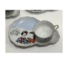 Japanese  Vintage Hand Painted  Geisha Girl Cups & Snack Trays set of 6 EUC picture