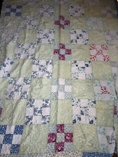 Vintage Quilt Handmade Squares 68”x 87” Stitched Flowers Smiles Feet Cotton picture