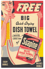FREE SOAPINE BIG DISH TOWEL - Great Poster-Style 1940s LINEN AD Postcard - RARE picture