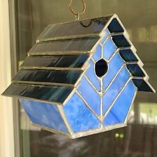 Large Blue Marbled Leaded Stained Glass Bird House 7
