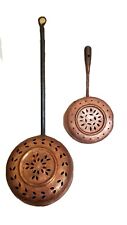 Two Antique Rustic Hammered Copper Hanging Bedwarmer Pots. Ornate & Handmade picture