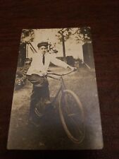 RPPC REAL PHOTO POSTCARD YOUNG MAN/ WITH BICYCLE OUTSIDE 1900's Unused picture
