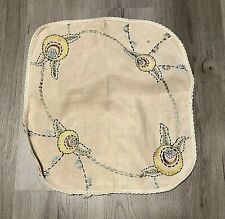 Vintage Embroidered Cross Stitched Linen Round Black Yellow Flowers  picture