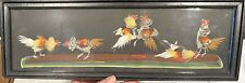 Folk Art Rooster Cock Fight Framed Picture Real Feathers And Painting Vintage picture