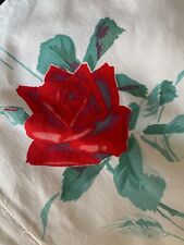 Vintage Tablecloth Vibrant Red Roses Heavy Linen Cotton 1950’s 60” X 70” Bright picture