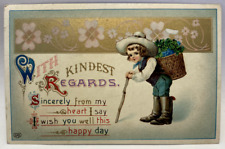With Kindest Regards, Child Carrying Basket of Flowers, Vintage Postcard picture