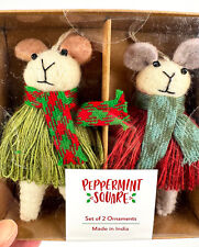Peppermint Square Felted Wool Mice w/Scarves Hanging Ornaments Set of 2 NIB picture