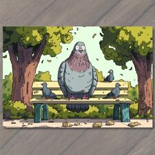 POSTCARD Pigeon Bird giant Park Bench Cartoon Smile Happy Cute Fun Vibrant picture
