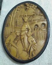 Asian Relief Carved Wood Sculpture Oval 11.75
