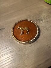 Vintage chew can snuff lid, German Silver Horse Rodeo  Brass Horse Cowboy picture