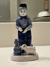2-3 DAY SHIPPING - Vintage Delft Blue Hand Painted Figurine - Boy Feeding Pig picture