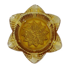 Snowflake Star 6 Petal Amber Yellow Orange Pressed Glass Ash Tray MCM Retro VTG picture