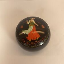 VTG Russian Round Lacquer Trinket Box Water/Milk Maid Girl On Lid Hand Painted picture