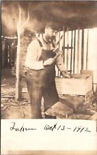 1912 Real Photo Postcard Man Making a Wooden Box in a Shop House Construction picture