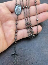 Rosary Beads Necklace Real Solid 925 Silver Oxidized Rosario Black CZ Iced Cross picture