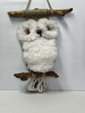 Vintage Boho Macrame Fuzzy White Owl Wall Hanging Decor Driftwood Beads Cottage picture