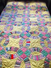Vtg 1930s Feedsack Hand Pieced & Stitched Double Wedding Ring Quilt 62x88 picture