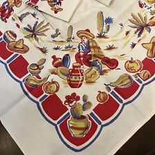 40's Vintage Mexican Luncheon Tablecloth  & 4 Napkins Cactus, Men In Serapes NOS picture