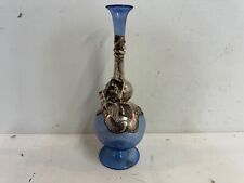 Vintage Isaraeli Blue Art Glass Decorative Vase with Silver Overlay picture