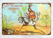 1880s Americana Girl Riding Ostrich Colburn's Philadelphia Mustard metal tin picture