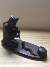 VTG Hand Carved Rosewood Statue of An Indian Man w/ Snake Charmer Calling Cobra picture