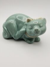 Vintage Ceramic Scratching Cat, Kitten w Bow Figure Celadon Blue Green, Japan  picture