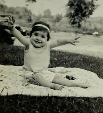 Cute Baby With Ribbon In Hair Arms Up B&W Photograph 2.75 x 4.5 picture