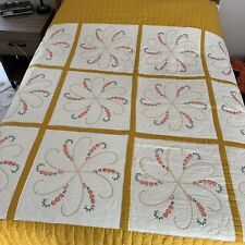 Vintage Cross Stitched Pinwheel Floral Quilt Blanket 96 X 81 Flowers Yellow picture