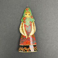 Vintage Russian Doll Christmas Ornament Hand Carved Painted Wood SIGNED 4.5” picture