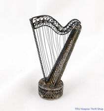 Vintage Silver Decorative Petite Filigree Miniature Metal Harp picture