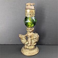 Vtg MCM Brass Green Glass Cherub Table Top Ornate Lighter Hollywood Regency picture