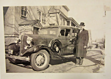 1933 CHEVROLET SEDAN, w/ Side Mount Spare & gentleman, B&W photo 3 1/2