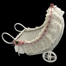 Vintage 1980s White Wicker Rattan Basketweave Baby Doll Carriage Photo Prop 15” picture