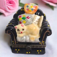 Porcelain Limoges Inspired Kitty Cat On Chair Loveseat Trinket Ring Pill Box picture