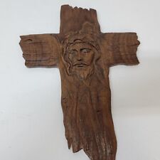 Vintage Wooden Hand Carved Cross Jesus Face Religious Crusifix Wallhanging  picture