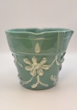 VTG Italian 3-D Raised White Flowers Hand Painted Ceramic Blue Planter Pot 4