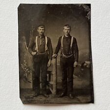 Antique Tintype Photograph Handsome Young Men Matching Suspenders Hand N Pocket picture