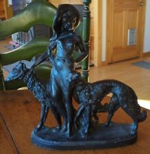 Rare Vintage Art Deco ChalkWare Ceramic Figurine Of Lady Walking Two Borzoi Dogs picture