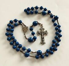 Mama-Estelle Antique Long Rosary 59 Chunky Beads Glass Blue Mottled Golden picture
