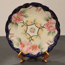 Vintage Scalloped Plate Hand Painted Blue & Gold - Pink Cherry Blossom  Japanese picture