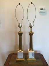 Pair vintage Italian Carrara Marble & Brass Roman Corinthian Pillar lamps picture