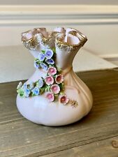 Vtg Lefton China Applied Floral Ruffled Pink Vase Gold Trim Beautiful EUC picture